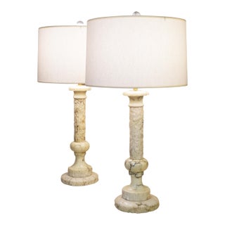 Pair of 1960s Hollywood Regency Brutalist Modern Marble Column Table Lamps For Sale