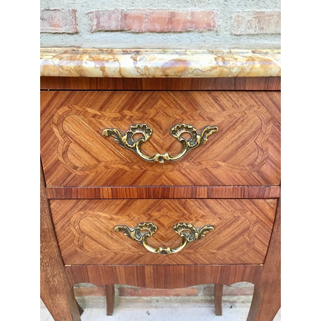 Antique Louis XV French Marquetry Marble Top Nightstands, Set of 2 For Sale - Image 10 of 17