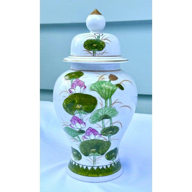 Vintage Lidded Jar With Lotus Motif For Sale - Image 4 of 12