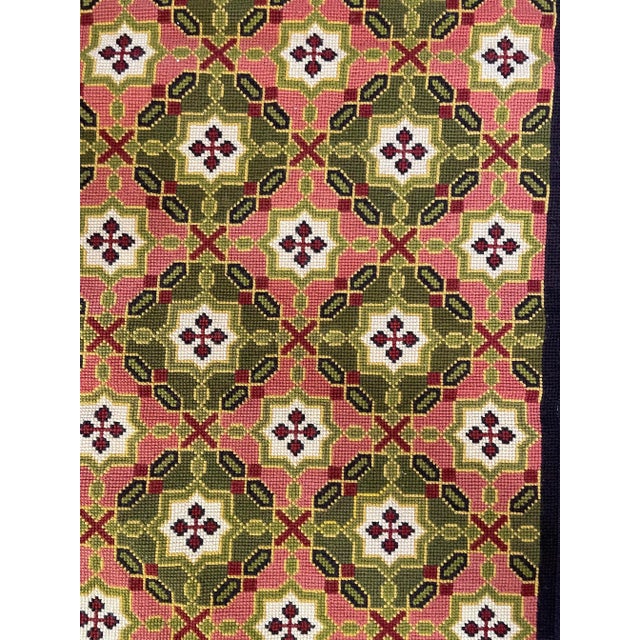 Vintage Needlepoint, Geometric Carpet or Table Runner. Olive Green, Terra-Cotta, Dark, Brown, and Ivory. For Sale - Image 4 of 4
