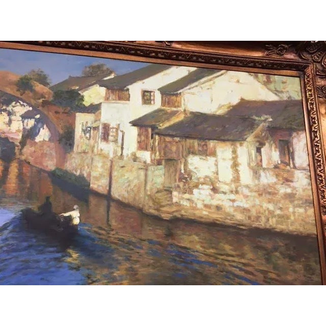 1990s Vintage Original Oil Painting Signed by Artist - Suzhou Canal - Framed - Oil on Canvas Horizontal For Sale - Image 5 of 7