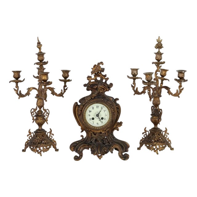 Triptych Clock in Gilt Bronze, Set of 3 For Sale