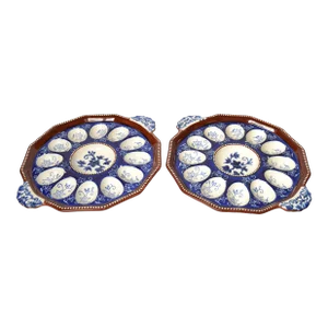 Majolica Ceramic Hand Painted Floral Lace 12 Egg Trays Platter