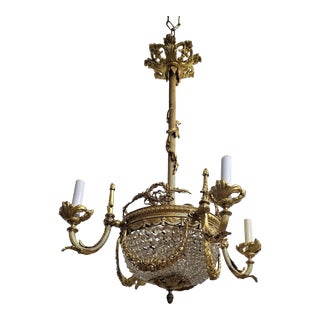 1910s Circa 1910 French Empire Style Gilt Bronze and Crystal Beaded 4 Light Chandelier For Sale