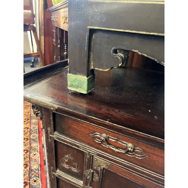 Antique Chinese Black Lacquer Cabinet W Jade Inlay of Bird & Floral Motif For Sale - Image 14 of 17