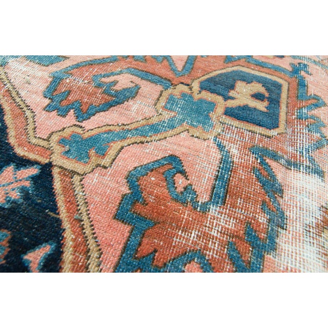Antique Coral Navy Distressed Geometric Design Large Wool Pile Hand Knotted Rug - 7'6" X 11’3” For Sale In Los Angeles - Image 6 of 10