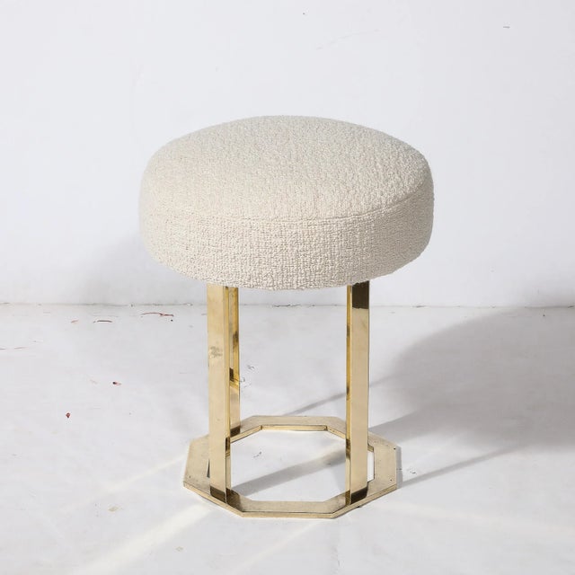1970s Mid-Century Modernist Octagonal Polished Brass Base Stool in Holly Hunt Boucle For Sale - Image 5 of 10