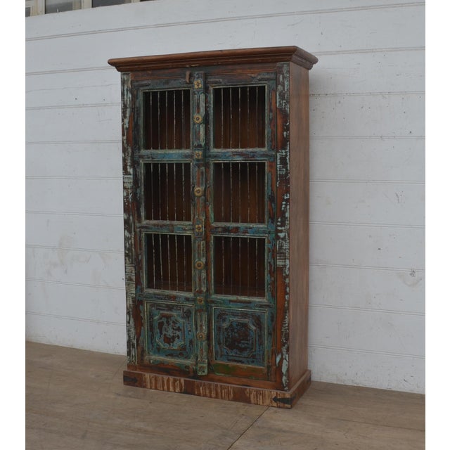 Solid Reclaimed Teak Cabinet With Iron Bars & Decorative Detailing, 2 Doors For Sale In Boston - Image 6 of 6