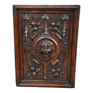 Antique Carved Oak Plaque Tudor Lion Wall Panel Wood Relief Head Mask Victorian For Sale