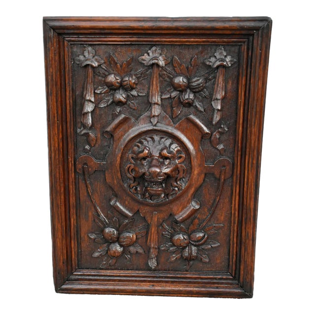 Antique Carved Oak Plaque Tudor Lion Wall Panel Wood Relief Head Mask Victorian For Sale