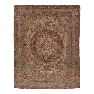 Antique Persian Kerman Wool Rug Handmade With Multicolor Rosette Motif For Sale