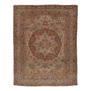 Antique Persian Kerman Wool Rug Handmade With Multicolor Rosette Motif