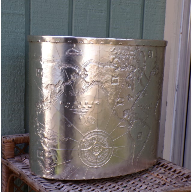 Vintage Art Deco Arthur Armour Hammered Aluminum Mariners World Map Wastebasket Wastepaper Basket Oval Trash Can, 1930s...