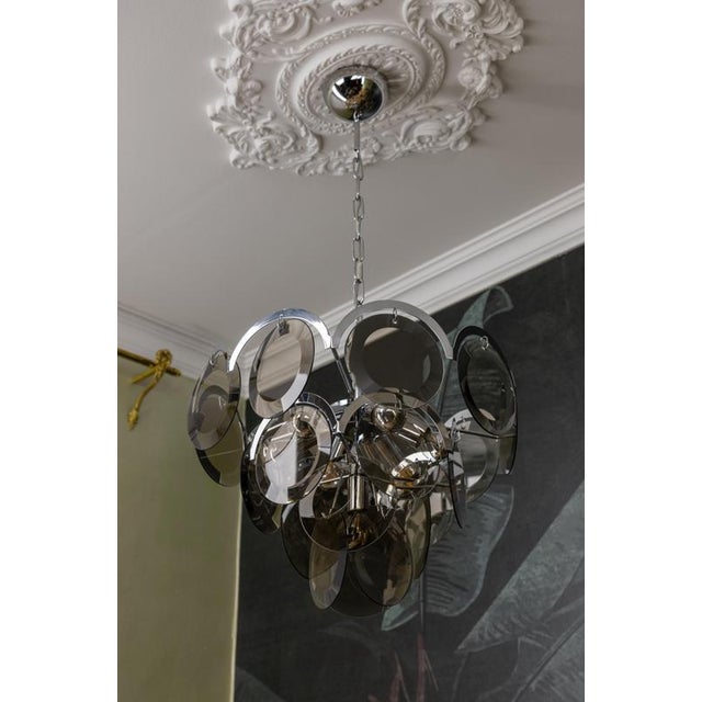 Smoked Glass and Chromed Metal Seven-Light Pendant Chandelier, 1970s For Sale - Image 9 of 18