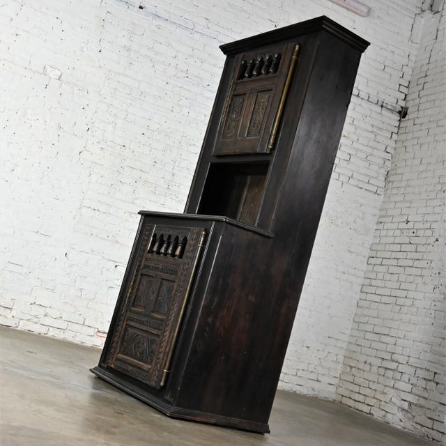 Vintage Spanish Colonial Revival Style Oak Cupboard Hutch Cabinet or Dry Bar Hand Carved For Sale - Image 6 of 12