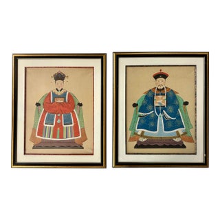 Pair of Framed Chinese Ancestral Portrait Paintings Emperor and Empress For Sale
