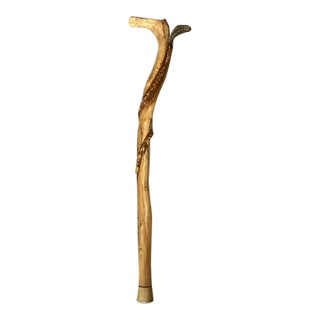 Wooden Carved Vintage Cane With Brass Snake and Braided Accents For Sale