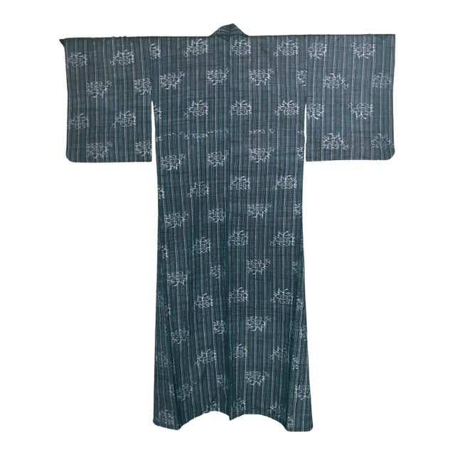 Japanese Woven Linen Kimono with Katazome Stencil Dyes For Sale