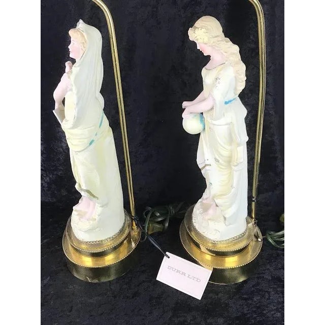 Metal Vintage Bisque Soft Yellow Figurine Lamps, Made in Germany - Set of 2 For Sale - Image 7 of 13