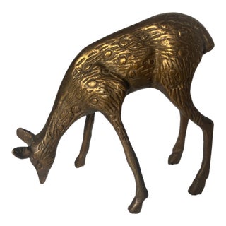 Vintage Mid-Century Solid Brass Grazing Deer/Fawn Figurine With Intricate Details For Sale
