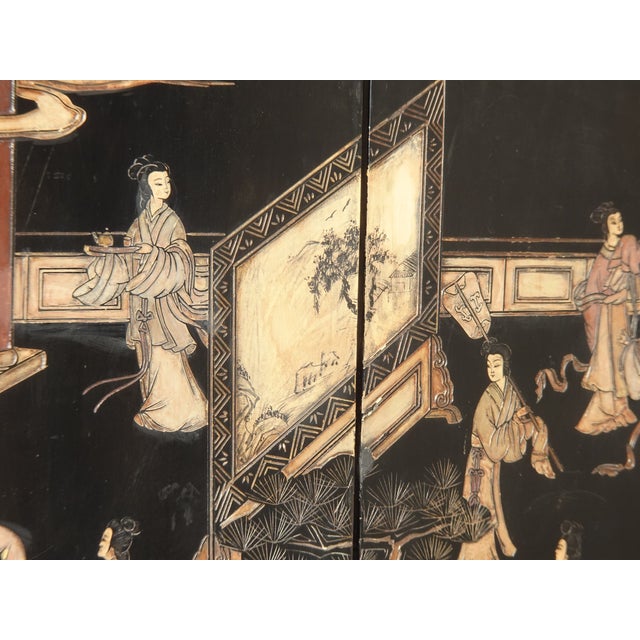 Vintage Oriental Asian Palace City Coromandel Chinoiserie Black Six Panel Screen For Sale - Image 9 of 17