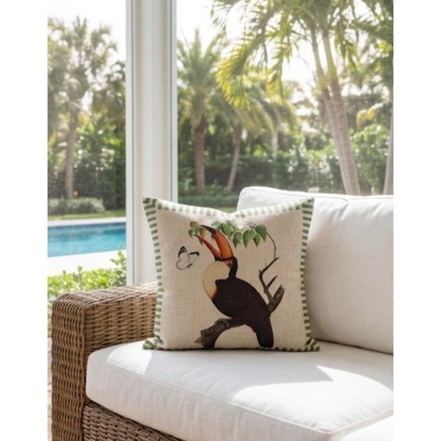 Vintage British Colonial Style Linen Toucan Accent Pillow For Sale - Image 11 of 12