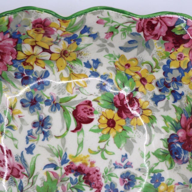 1930s Art Deco Royal Winton "Summertime" Cintz Ascot Shape Sweet Meat Dish-Green Trim For Sale - Image 4 of 9