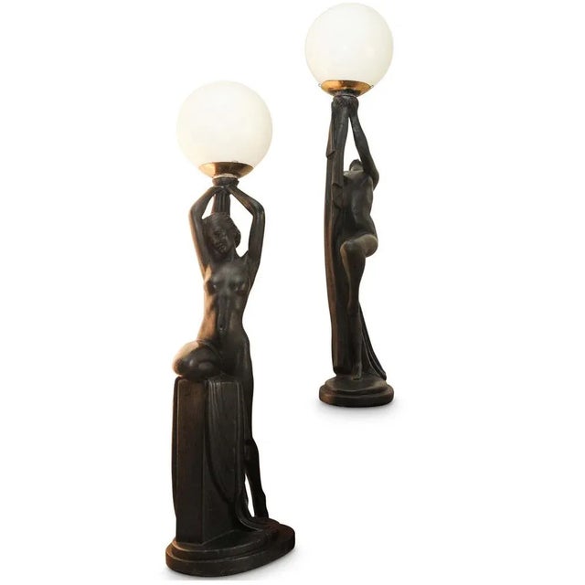 Art Deco Ebonized Plaster Nude Feminine Form Table Lamps, 1930s, Set of 2 For Sale - Image 3 of 12