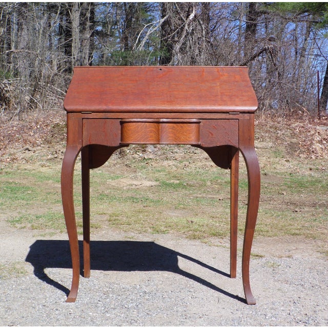 Antique Tiger Oak Slant Front Secretary Desk Queen Anne Style Writing Desk For Sale - Image 13 of 13