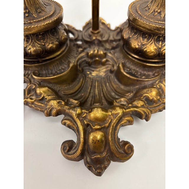 Metal Antique Victorian Brass Gooseneck Two Inkwell Desk Lamp For Sale - Image 7 of 13