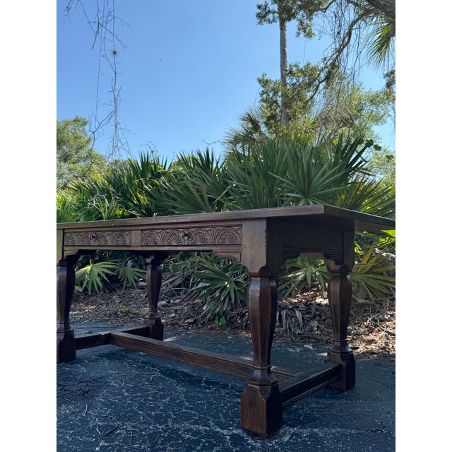 Brass Vintage Henredon Carved Walnut Writing Desk With Ball & Claw Style Legs, 76” For Sale - Image 8 of 10