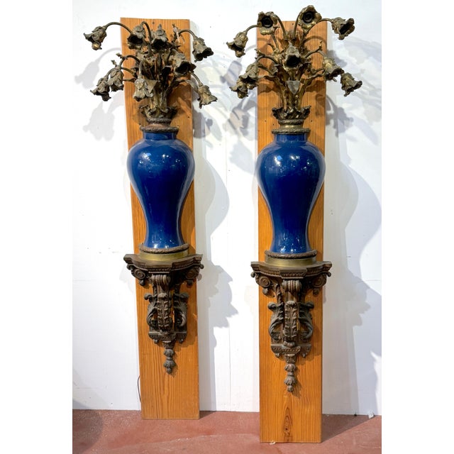 Pair Monumental French Ormolu Kangxi Powder Blue Wall Lights, Waldorf Astoria For Sale - Image 11 of 18