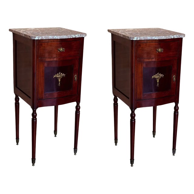 Art Nouveau Mahogany Nightstands with Marble Top, 1900s, Set of 2 For Sale