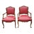 Pair of French Louis XV Style Tiger Oak and Red Leather Upholstered Fauteuils For Sale
