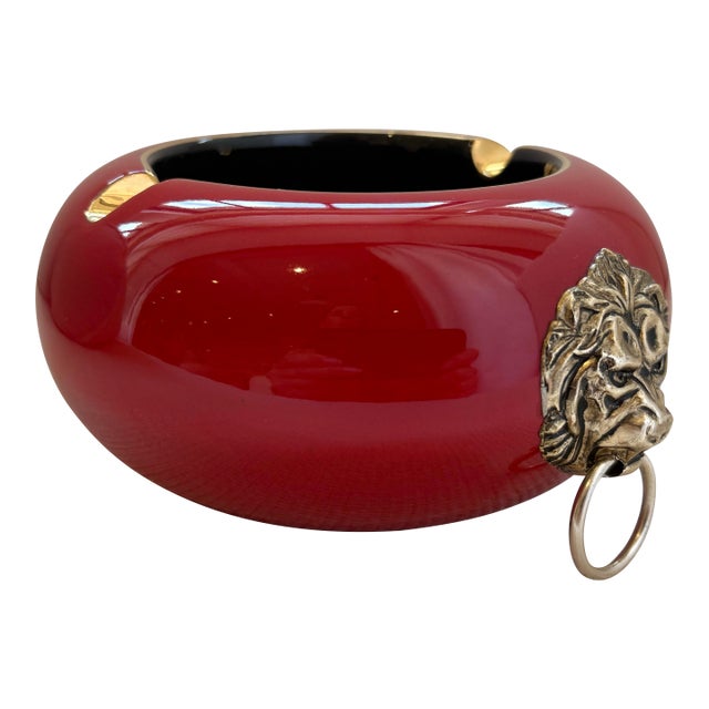 Vintage Italian Glazed Ceramic Ashtray With Brass Lion Head Knockers, in the Manner of Gio Ponti, Signed Florence Italy, 1960s For Sale