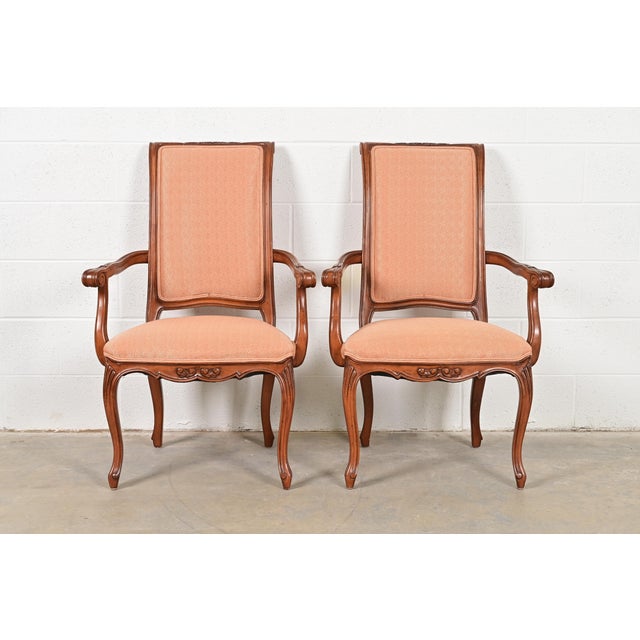 Baker Furniture French Provincial Louis XV Carved Walnut Armchairs or Dining Captain Chairs, Pair For Sale - Image 13 of 13