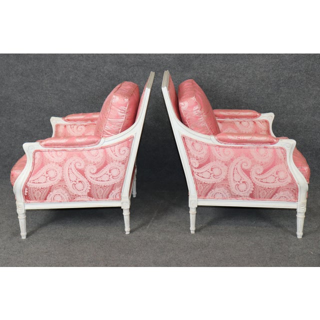 1950's Pair Beautifully Tailored French Louis XVI Style Painted Bergere Chairs For Sale - Image 4 of 9