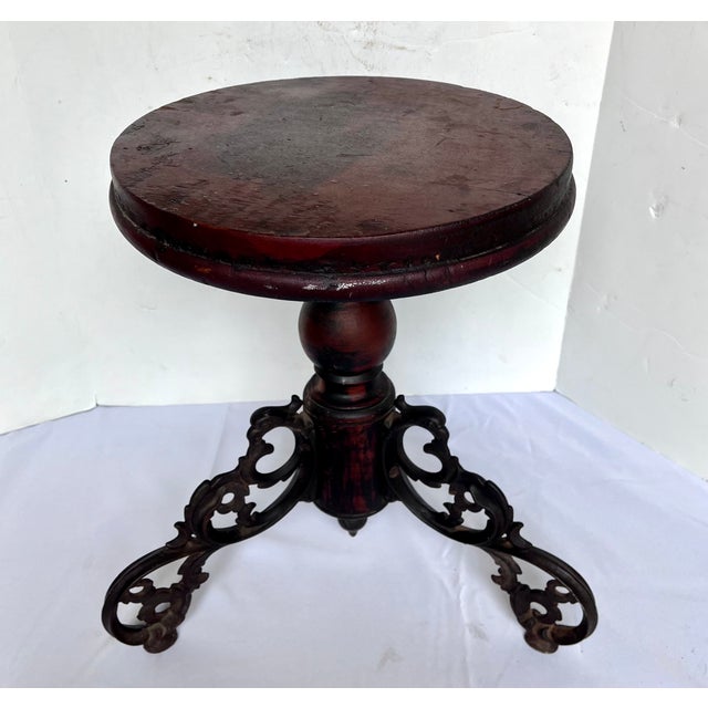 Wood Vintage Piano Stool/Plant Stand With Ornate Iron Tripod Legs For Sale - Image 7 of 11