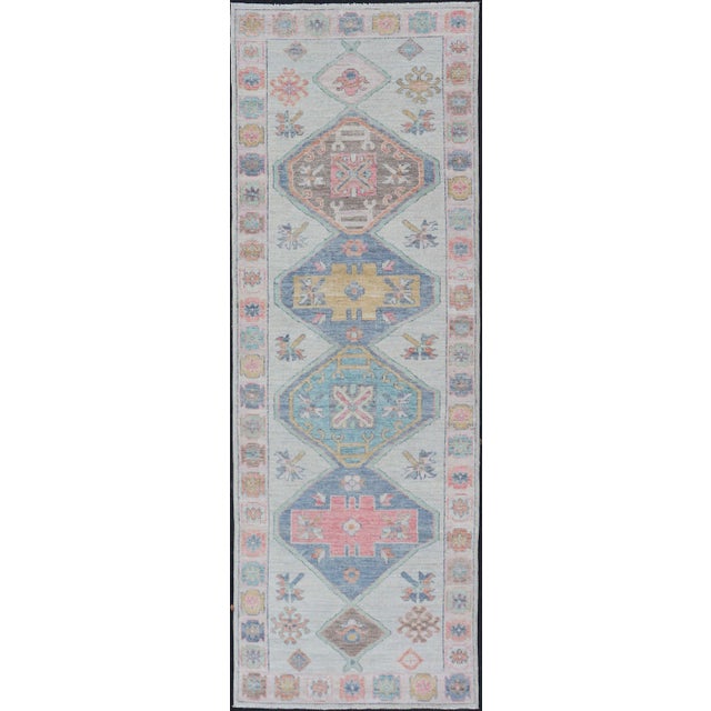 Colorful Modern Oushak Runner With Diamond Medallions and Multi-Tier Border For Sale - Image 12 of 12