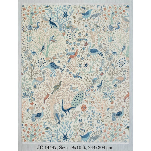 Tribal 8x10Ft. Off White Blue Peacock Wool Rug, Hand Knotted Birds Garden For Sale - Image 3 of 4
