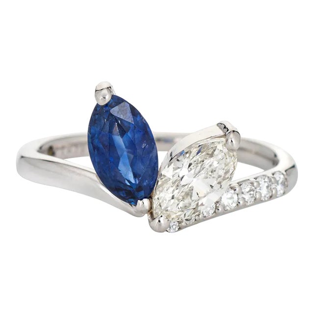 Sapphire Diamond Moi Et Toi Platinum Marquise Engagement Ring Size 6 For Sale