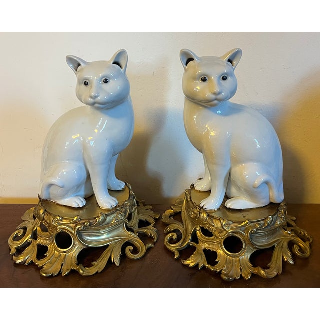 Antique 19th Century Japanese Blanc De Chine Models of Seated Cats Mounted on French Gilt Bronze Ormolu Bases - A Pair For Sale - Image 4 of 12