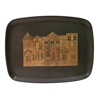 Vintage Couroc Brownstones Row Metal Inlay Serving Tray For Sale