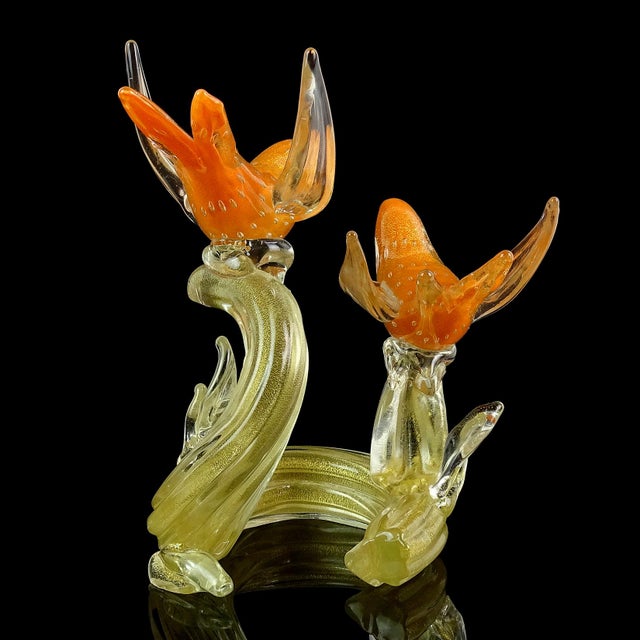 Orange Vintage Murano Gold Flecks Orange Bullicante Technique Italian Art Glass Birds Branch Sculpture For Sale - Image 8 of 8