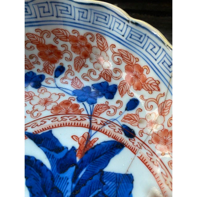 Antique Japanese Arita Imari Scalloped Porcelain Bowl – Hand Painted Blue & Iron Red For Sale - Image 9 of 13