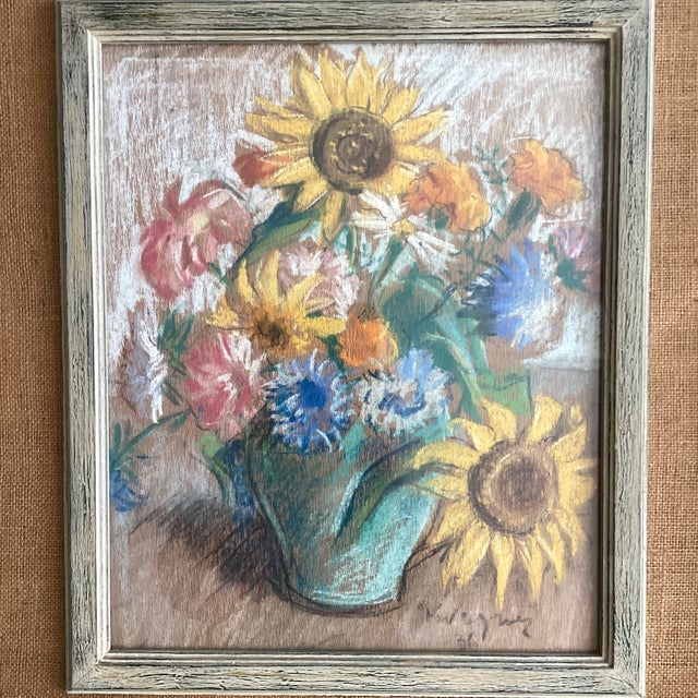 This antique floral still life painting on cardboard from circa 1936 is a unique and charming piece of art, featuring a...