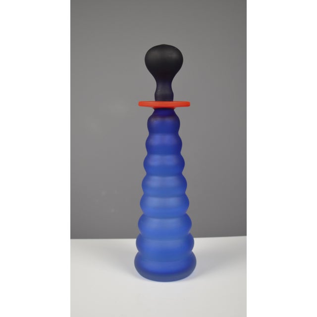 Postmodern Sculptural Cobalt Blue Frosted Art Glass Bottle, 1980s For Sale - Image 6 of 9