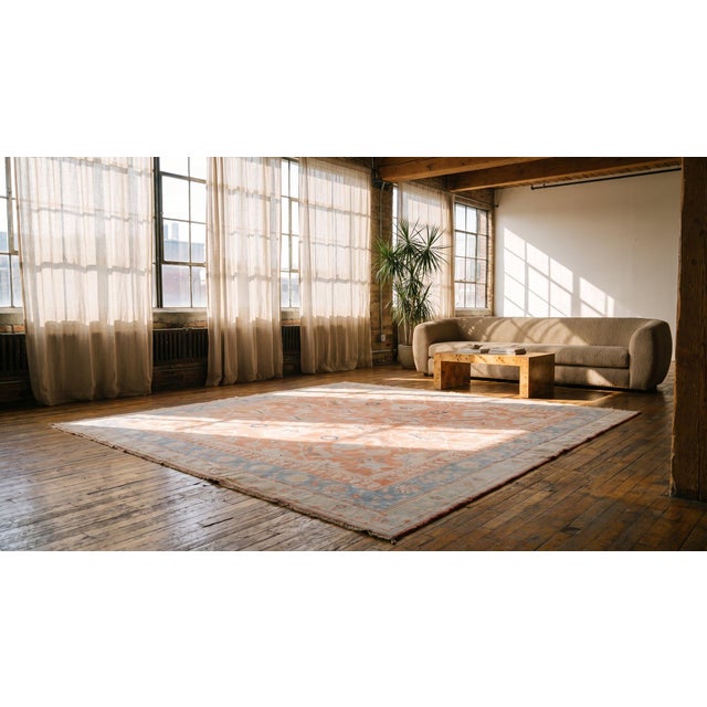Stunning Peach Background With Palmette and Stiff Vinery Pattern Pattern Antique Indian Agra Rug For Sale - Image 10 of 10