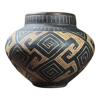 Vintage Postmodernist Folk Art Sgraffito Ceramic Vase, Signed (1991) For Sale