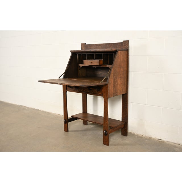Stickley Brothers Style Antique Mission Oak Arts & Crafts Drop Front Secretary Desk, Circa 1910 For Sale In South Bend - Image 6 of 18